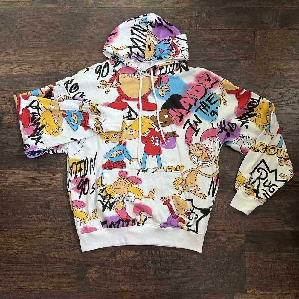 Nickelodeon Ren Stimpy Hey‎ Arnold Rugrats Print ALL OVER Hoodie Y2K 90s Cartoon
